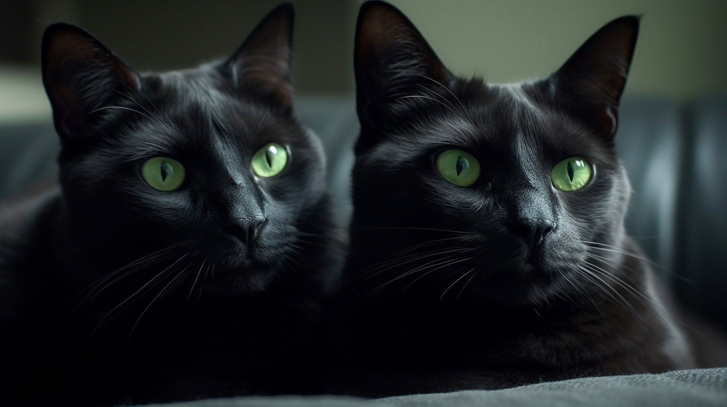 2 black cats with green eyes laying on a couch