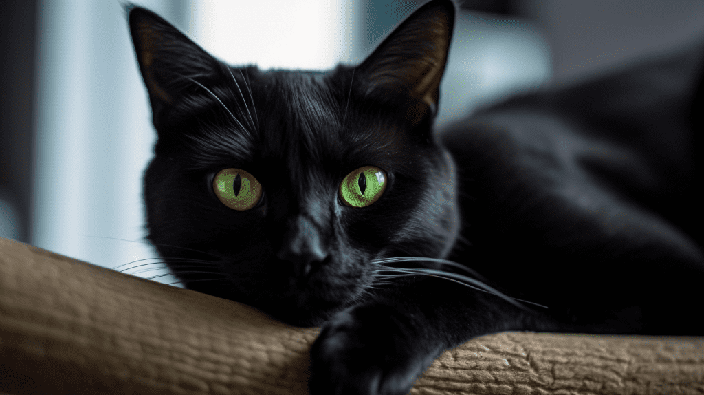 Black cats with green eyes laying on a cat tree