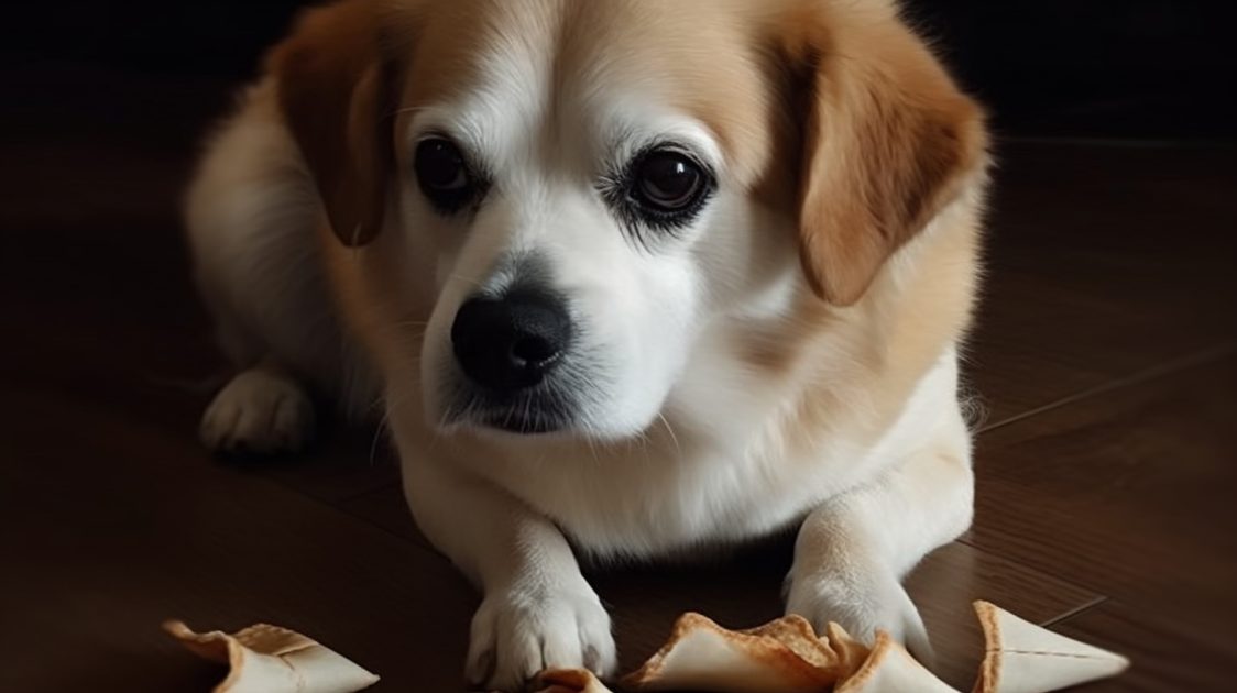 puppy dog laying in front of broken fortune cookies