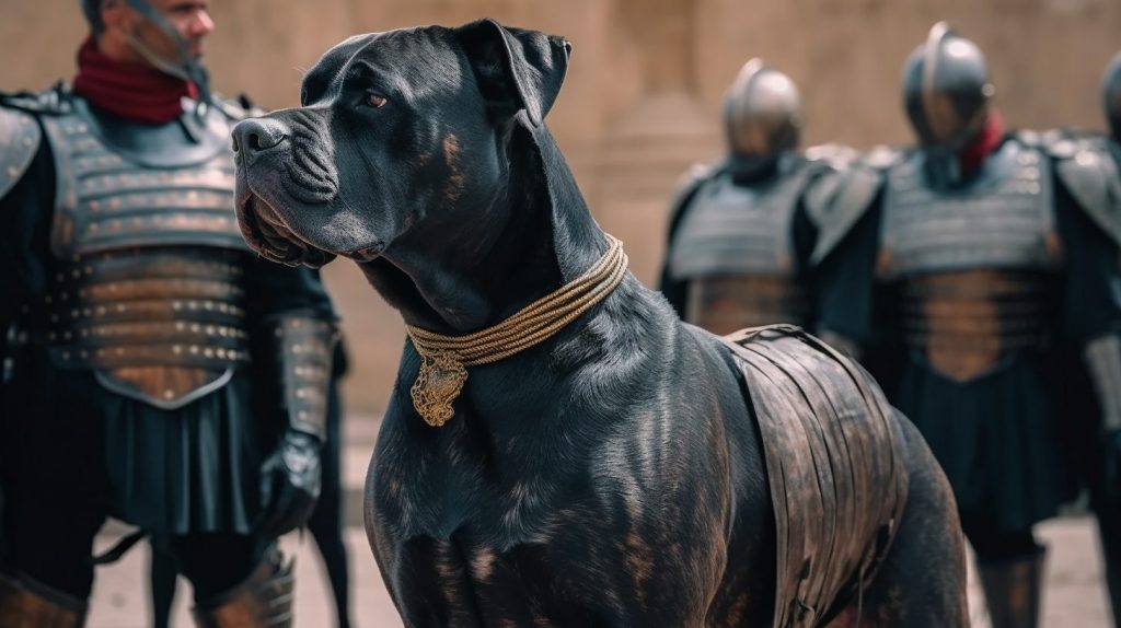 Depiction of a Cane corso with ancient roman soliders