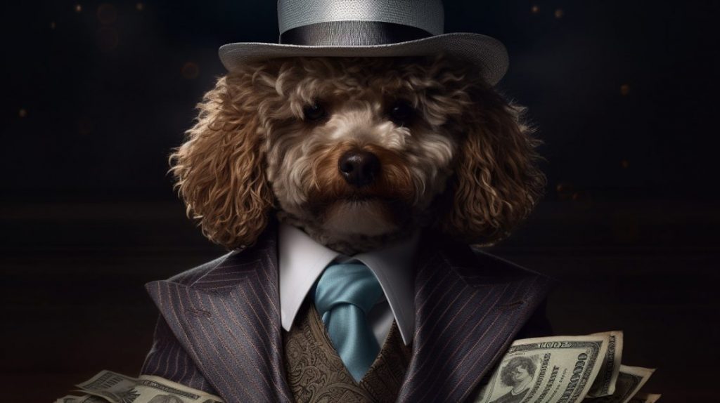 Poodle dressed in a pin stripe suit holding a bunch of money