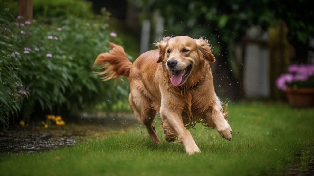 Happy Golden Retriever running in a yard
