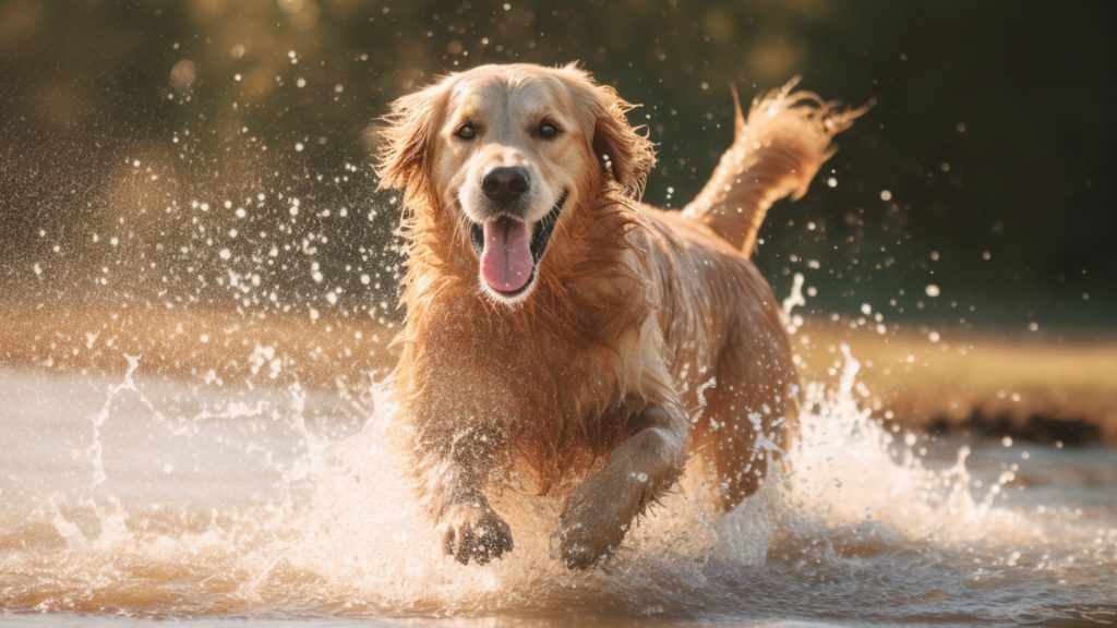 Golden retriever splashing in water - hunting breeds