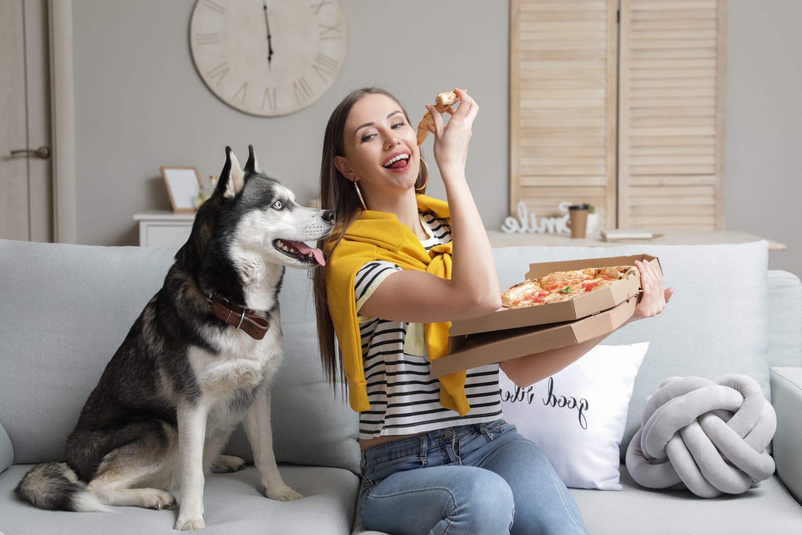Husky watching a woman eat pizza - can dogs eat pepperoni?